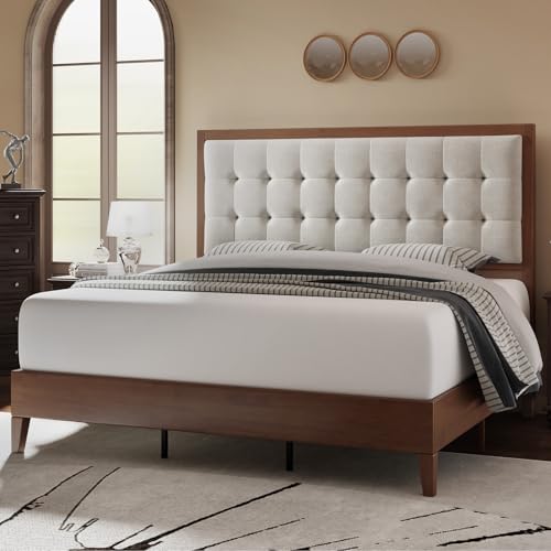 LUXOAK Massivholzbett 140x200 cm aus Kiefernholz, Holzbett mit gepolstertem Kopfteil aus Leinenstoff, Walnuss, Bett für Schlafzimmer & Gästezimmer
