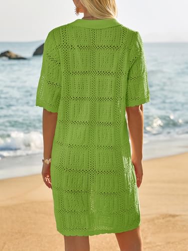 Saodimallsu Womens Crochet Swimsuit Cover Up Dress Short Sleeve Button V Neck Knit Summer Beach Vacation Outfits Fruit Green — view 5