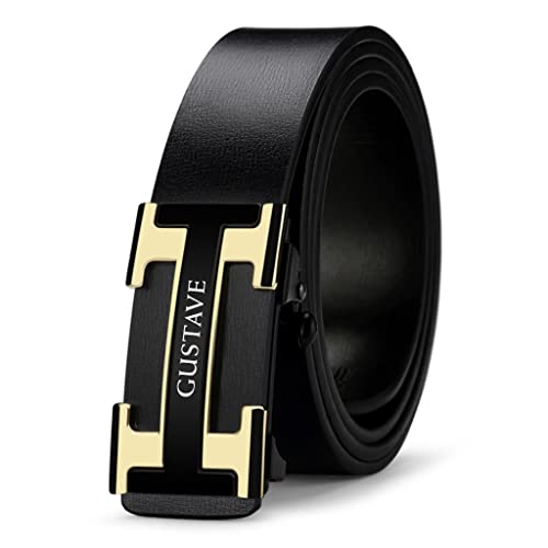 Image of GUSTAVE Men's Leather Free Adjustable Belt Strap Leather Belt Adjustable Auto Lock Buckle Belt for Men (Black) (Genuine Leather 2)