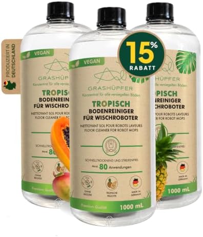3er Set - GRASHÜPFER® Bodenreiniger für Wischroboter [TROPISCH] - Wischroboter Reinigungsmittel kompatibel mit Roborock, Dreame, Ecovacs & Co. geeignet für Laminat, Parkett, Fliese
