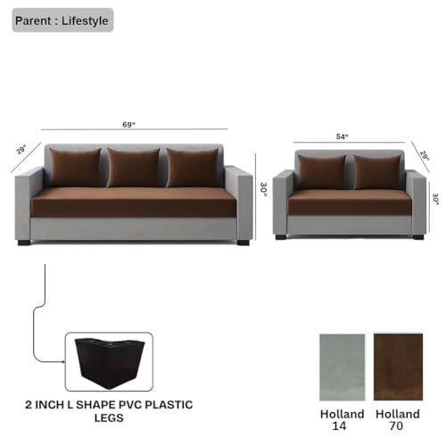 Image of FURNY Lexon 5 Seater Fabric 3+2 Sofa Set (Brown-Light Grey) Premium Velvet Finish | Durable & Comfortable | Ideal for Living Room