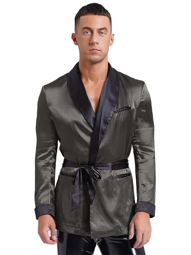 Mens Smoking Jacket Open Front Side Pockets Shirts Shiny Satin Kimono Bathrobe for Halloween