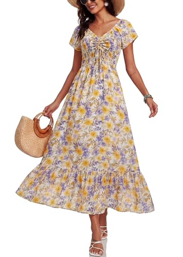 Image of Summer Smocked Boho Maxi Dress for Women 2026 Short Sleeve Floral Smocked Flowy Ruffled Beach Vacation Dresses Lightweight