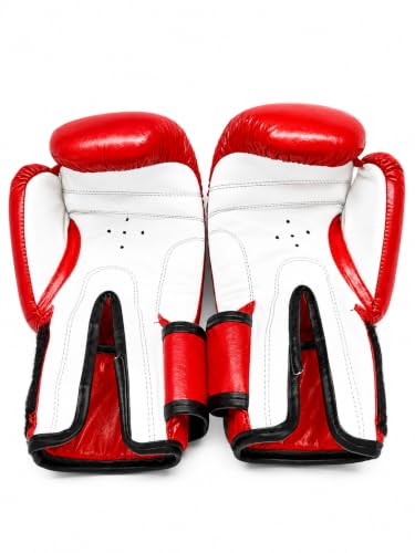 Image of ACE Genuine Leather Boxing Gloves | Adult Training Gloves for Sparring | Shock Absorbing Padding | Secure Wrist Strap | Punching Bag Workout | Red | 8 oz