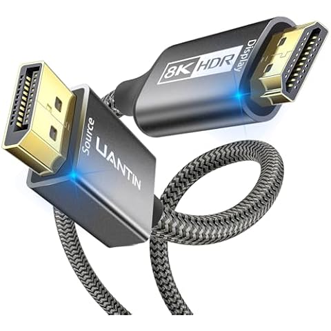 UANTIN DisplayPort to HDMI 8K Cable (8K@60Hz,4K@120Hz,2K@144Hz) 6FT DP 1.4 (Source) to HDMI 2.1 (Display) Uni-Directional Braided Cord Support HDCP2.3/HDR10/DSC for PC, AMD, NVIDIA Cover