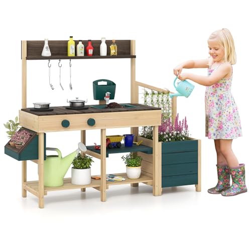 COSTWAY Cuisine Extérieure Enfant avec Jardinière & Treillis, Cuisine Enfant en Bois avec Robinet & Bac à Eau, Évier Amovible, Cuisinières, Étagères, Accessoires pour 3 à 8 Ans (Vert)