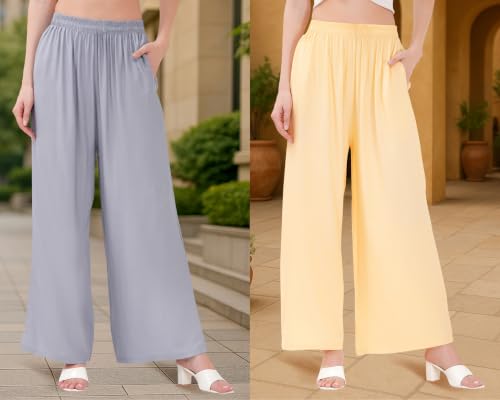 Image of Buy That Trendz Palazzo Pants for Women Rayon Elasticated Regular Fit Flared Wide Leg M to 6XL Pack of 2