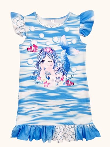 Bow Dream Girl Dress Cute Cartoon Party Birthday Holiday Matching Clothes for Girls Blue Mermaid3
