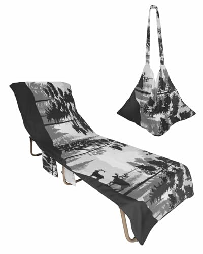 Forest Elk Beach Lounge Chair Towel Cover, Soft Chaise Lounge Towel with Side Pockets Patio Pool Chairs Cover for Beach/Pool Sunbathing 29x85 Country Rustic Wild Animal Tree Gary Black
