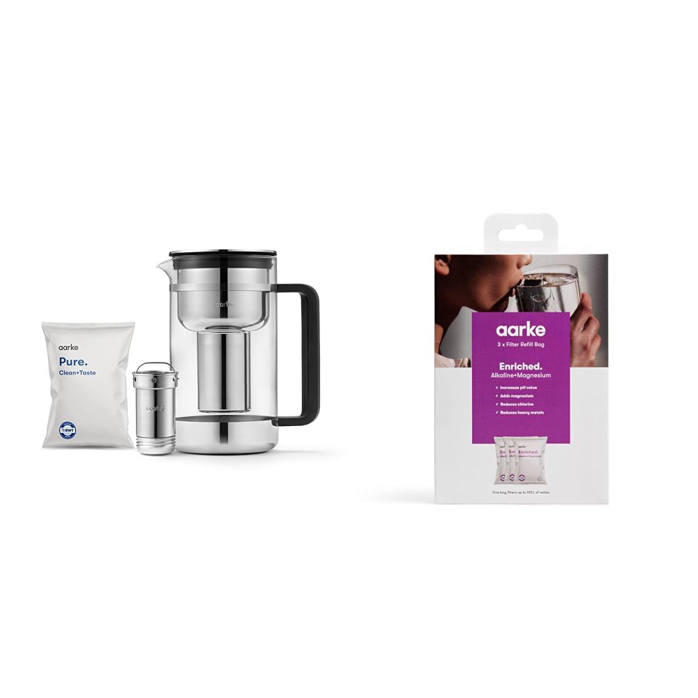 Aarke Purifier Groß, Wasserfilterkaraffe aus Glas und Edelstahl, 2.8L & 3er-Pack Enriched Filter Nachfüllbeutel – Erhöht den pH-Wert