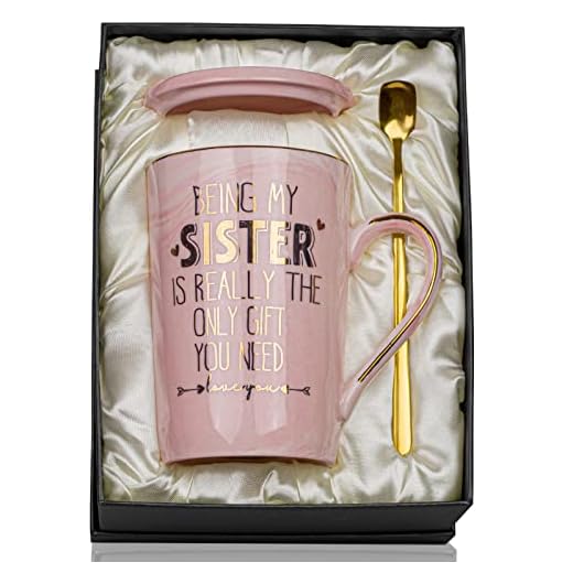 Doublewhale Being My Sister is The Only Gift You Need Taza de café Regalos de hermana Regalos de cumpleaños para cuñada Taza de mármol de cerámica de 14 onzas, caja de regalo impresa oro