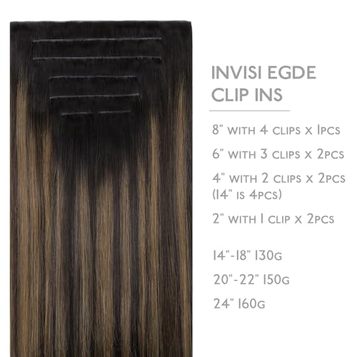 Image of WENNALIFE Invisi Edge Clip in Hair Extensions Real Human Hair, 14 Inch 130g 9pcs Balayage Dark Brown Mixed Chestnut Brown Seamless Clip in Extensions Remy Hair Clip Ins Invisible PU Skin Weft Straight