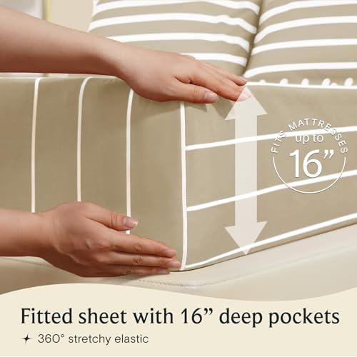 Image of LuxClub 4 PC King Size Sheet Set, Breathable Luxury Bed Sheets, Deep Pockets 18 inch Wrinkle Free Cooling Machine Washable Hotel Bedding (Striped Cream)