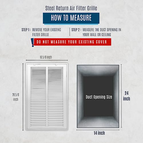Image of 14 inch X 24 inch Steel Return Air Filter Grille by HANDUA | Removable Face Door HVAC Duct Cover Grill for 1-inch Filter, White | Outer Dimensions: 16.5 inchW X 25.75 inchH