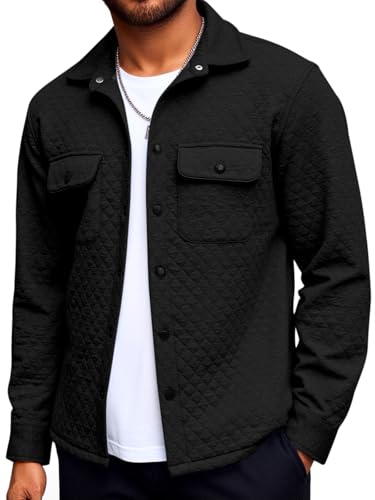 Yousify Mens Casual Shirt Jacket Long Sleeve Button Down Fall Shacket Lightweight Quilted Jackets with Pockets