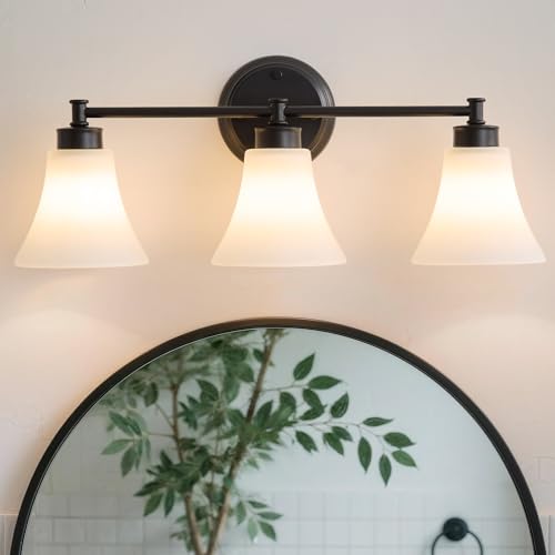 Image of LOUSACE 3 Light Bathroom Vanity Light Matte Black Bathroom Lighting Fixtures Over Mirror with Opal White Frosted Glass, Vintage Traditional Wall Lighting Fixture Vanity Sconces Light for Bedroom