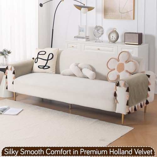 Image of HOKIPO Premium Holland Velvet Armrest Covers with Tassel for Sofa - 'TasselTone Series' (2 Pcs), Sand Beige (IN-1102-BGE*2SM)