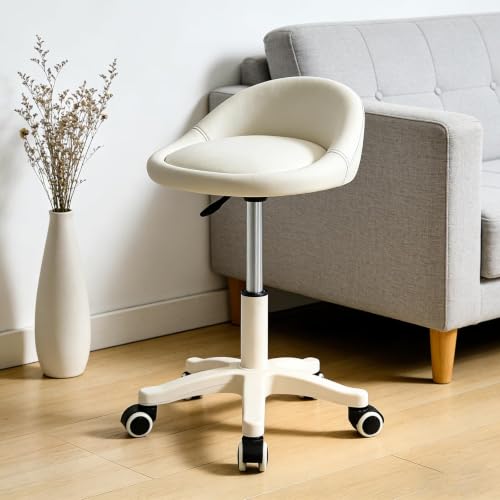 Image of Swivel Rolling Stool Drafting Chair with Wheels Beige Set of 1 | Height Adjustable PU Leather Drafting Chair, Round Seat for Salon, Spa, Tattoo, Office, Home Use