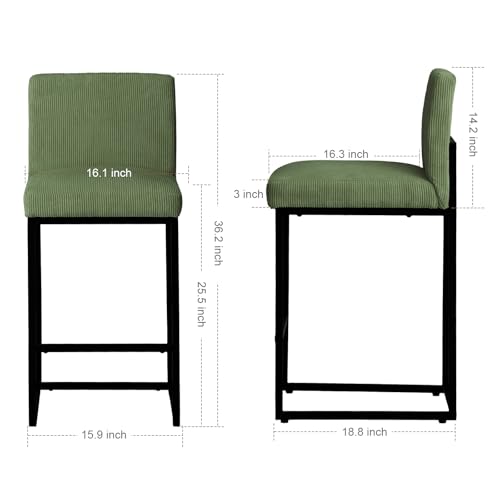 Green-and-Black-Bar-Stools-Set-of-2-Modern-Counter-Height-Stools-255-Height-with-Back-and-Footrest-for-Kitchen-Corduroy-Upholstered-Farmhouse-Bar-Chairs-Island-Stools Green and Black Bar Stools Set of 2 Modern Counter Height Stools 255 Height with Back and Footrest for Kitchen Corduroy Upholstered Farmhouse Bar Chairs Island Stools