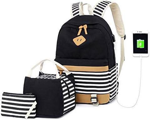 A AM SeaBlueWomen Backpack Laptop Fashion Travel USB Charging Bag for Teenager Girls College Student School Canvas Rucksack Casual Daypack Fit 15.6 Inch Notebook Striped Small (6-Black)