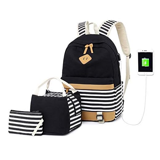 Dam ryggsäck laptop mode resa USB laddningsväska för tonåringar flickor högskola student skola canvas ryggsäck avslappnad dagväska passar 40 cm anteckningsbok randig liten, 6-svart, 35 x 17 x 45 cm, Casual dagtursryggssäck