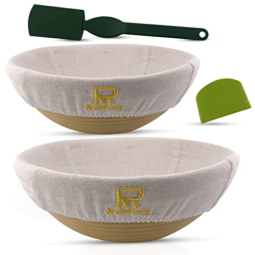 Banneton Bread Proofing Basket - Sourdough Proofing Basket Set of two - 9 &10 Inch Round - Bread Proofing Basket with Dough Scraper, Bread Lame, and Linen Liner - Sourdough Banneton Basket