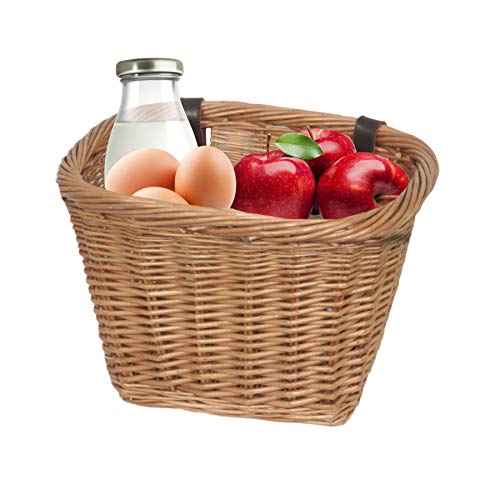 Cesta de bicicleta Wrenbury para mujer, de mimbre, con diseño de sauce dorado, rectangular, con correas de cuero resistente, no de plástico