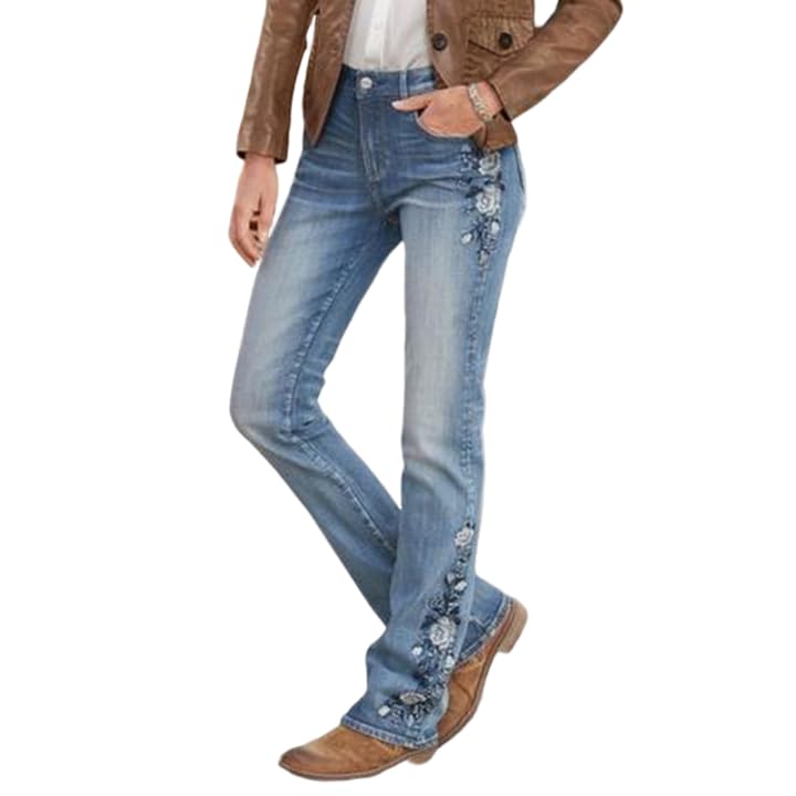 Women Vintage Embroidered High Waist Bell Bottom Jeans Skinny Stretch Flower Flare Denim Pants
