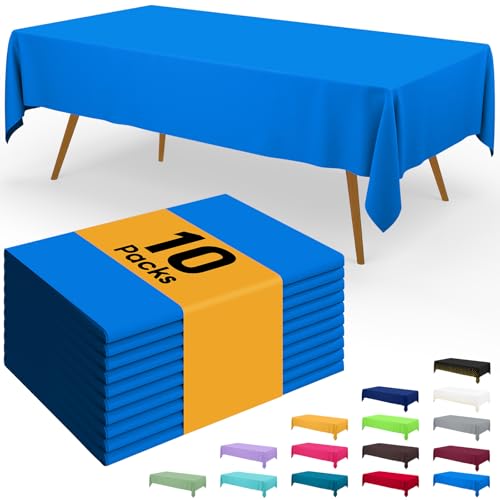 Image of Smiry Disposable Table Cloth - 10 Pack, 54 x 108 Inch Waterproof Rectangle Tablecloths for Parties, Decorative Plastic Table Cover, Leakproof & Sturdy, Blue