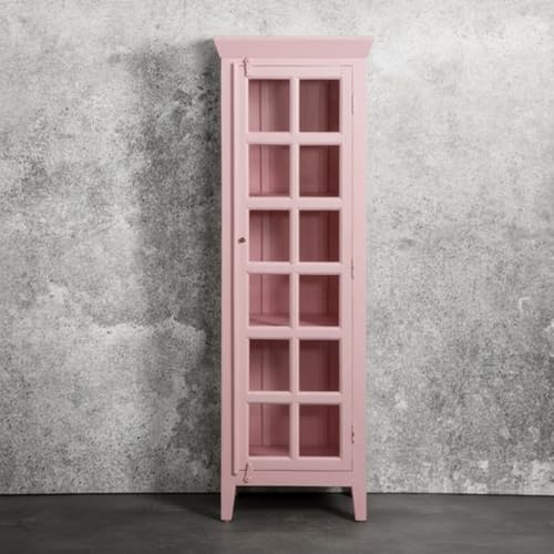 Image of APRODZ Mango Wood Crockery Cabinet with Glass Door | Wooden Kitchen Storage Cabinet for Dining Room Living Room & Bedroom | Tall Storage Cabinet with Shelves | Display Cabinet for Home, Light Pink