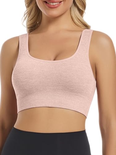 Image of Chilylori Seamless Sports Bras for Women Pack of 3 Ribbed Sports Bra Workout Tops Cropped Tank Top Comfort Padded Yoga