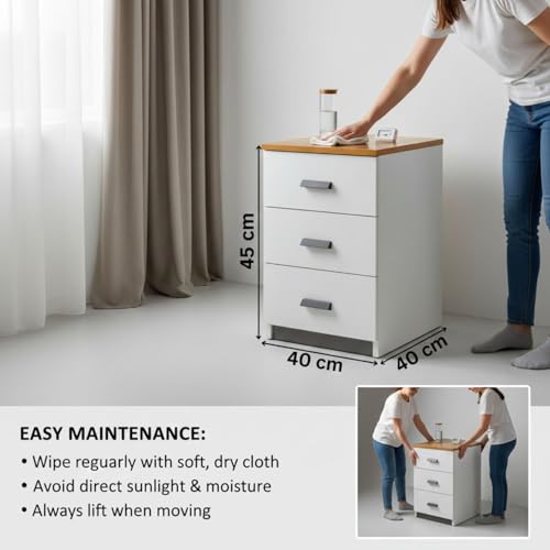 Image of FFO Bedside Table with Drawers | 1-Year Warranty | Modern 3-Drawer Bedside Table Storage Cabinet /Wooden Organizer Stand /End Table /Side Table for Bedroom /End Table for Bedroom 40x45x65 Cm /DIY Assembly