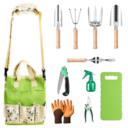 Stainless Steel Garden Tools Set with Wooden Handle & Pruning Shears, Lightweight Portable Gardening Kit - Easy Storage Ideal Gift for Women Gardeners (Set 2, 11)