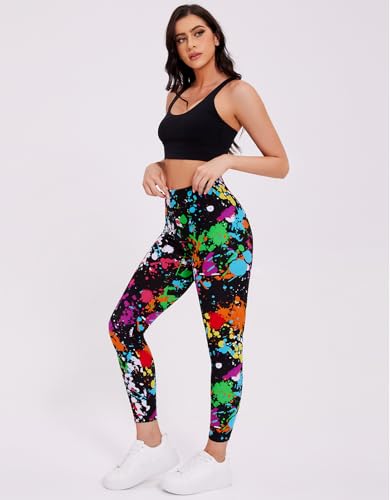 Image of sissycos Women's 80s Leggings Neon Artistic Splash Printed Buttery Soft Stretchy Pants