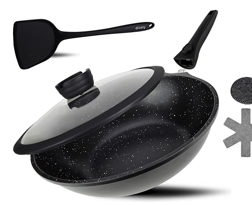 DIVORY Poêle pour wok 30 cm avec couvercle - manche amovible, adapté à l'induction, revêtement anti-adhésif, induction y compris spatule pour wok &...