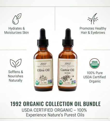 Image of 3x 1992 Organic Castor Oil Glass Bottle 2oz Bundle with Extra Virgin Olive Oil 2oz - Pressed, Organic & Versatile for Hair, Skin, Nails - Nourishes, Supports Daily Beauty Routine - Gift Set (4 Items)