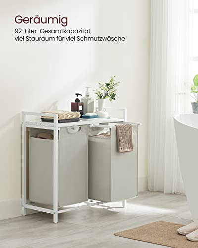 VASAGLE Wäschekorb 2 Fächer, Wäschesammler mit Ablage, Wäschebox, Wäschesack aus Oxford-Gewebe abnehmbar, Metallrahmen, 2 x 46 L, 73 x 33 x 72 cm, cremeweiß-mattweiß BLH201W01