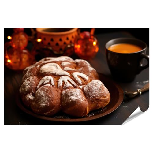 islandburner XXL Imagen Póster Close Up Pan De Muerto Tradicional Taza de Pan de Muerto Chocolate Caliente Close Premium Imágenes Impresión fotográfica