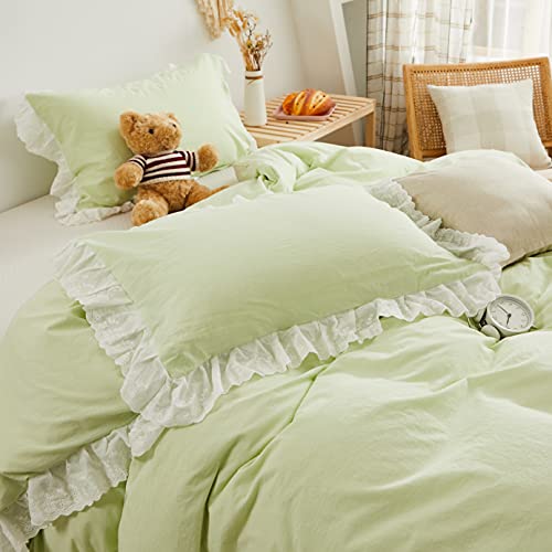 Perkily Boho Bedding Duvet Cover Set Lace Ruffle 100% Cotton Zipper Closure Boho Shabby Vintage Style (Twin Xl, Light Green) #TOP6