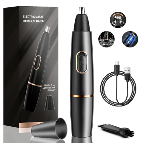 Noses Hair Trimmer for Men, USB Rechargeable Metal Nose and Ear Hair Trimmer, IPX8 Waterproof Nasal Trimmer for Men and Women, Portable Low Noise Nose Trimmer, Wet & Dry, Easy Cleansing-Black
