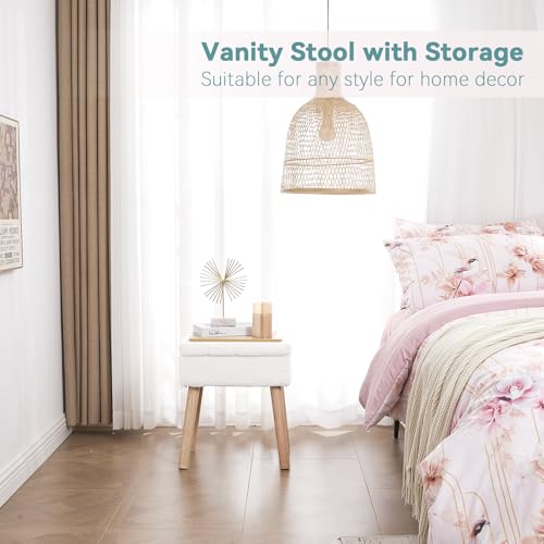 BRIAN & DANY Vanity Stool, Sherpa Vanity Stool Chair with Storage, Rectangle Makeup Chair Soft Padded Seat with Legs for Bedroom (White)