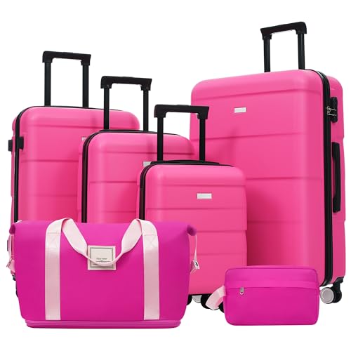 Image of 6 Pcs ABS Hardshell Luggage Sets Spinner Wheel Suitcase Lock Suitcases Black Pink