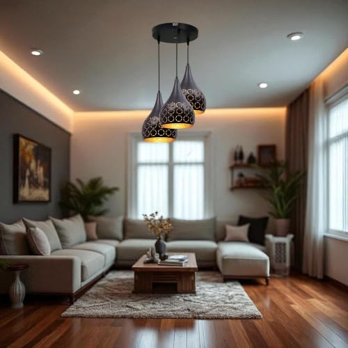Image of GreyWings 3 Light Hanging Light for Home, Black Aluminium Pendant Light with E27 Holder | Designer Ceiling Hanging Lamp for,Bulb Not Included, Cluster Set