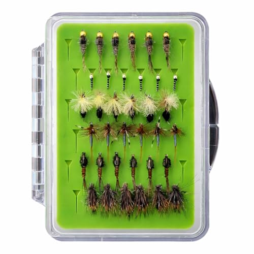 BRAIRIA Barbless Trout Flies 36PCS (18 Barbless + 18 Barbed) 6 Patterns: Adams Elk Hair Caddis Parachute Zebra Midge Hares Ear Pheasant Tail Sizes #14 & #18 for Trout