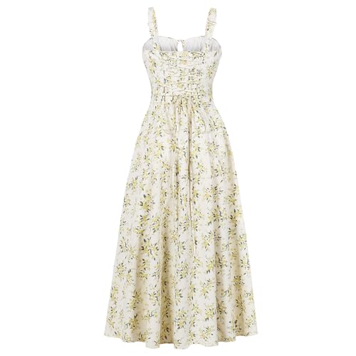 Image of Women Floral Corset Dress 2026 Boho Midi Sundress Summer Dress | Flowy A-Line Dress with Adjustable Spaghetti Straps Lace Up Back Front Slit High Waist for Vacation Wedding Guest