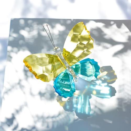 Image of Crystal Butterfly Figurines Yellow Cyan Blue Tabletop Decor Gift For Women | Yellow Cyan Blue Crystal Butterfly Figurines Collectible Paperweight for Table Desk Shelf Home Office Wedding Decor