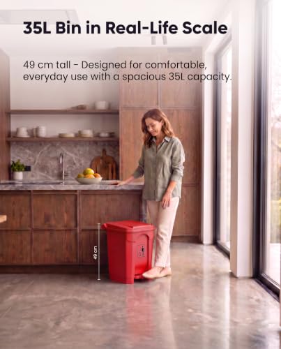 Image of pedal dustbin with lid, heavy duty plastic garbage bin, hands-free step-on waste bin for kitchen, office, home, hotel, bathroom & outdoor use (Mystic Red, 35 Liters)