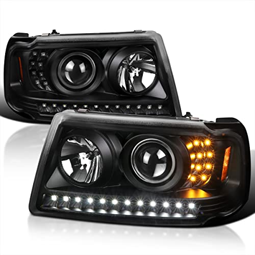 Spec-D Tuning LED Light Bar Black Housing Clear Lens Projector Headlights w/LED Signal Compatible with 2001-2011 Ford Ranger Left + Right Pair Headlamps Assembly