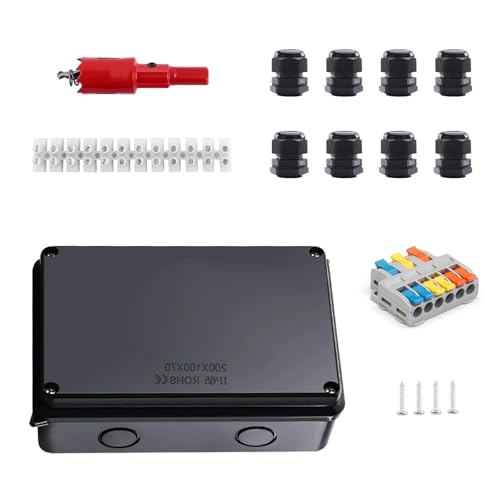 txuzong Caja Estanca Exterior 200x100x70 mm IP65 Negro – para Garajes, Sótanos – con Terminales, Accesorios Montaje, Ø 12-16 mm, Resistente a la Intemperie