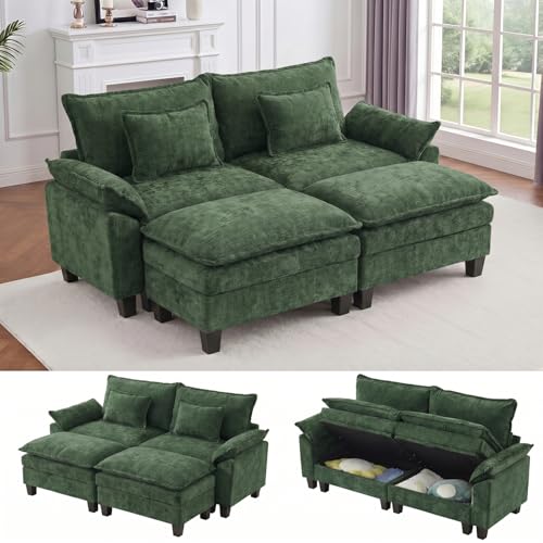 Image of IPKIG 82.3 inch Modular Cloud Couch with Storage, U Shaped Sectional Sofa with Ottoman & Pillow, Chenille Deep Seat Sectional Couches for Living Room, Apartment, Green
